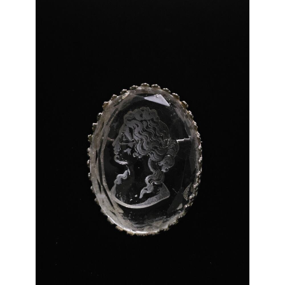 Vintage Oval Glass Intaglio Cameo Reverse Silver Tone Brooch Pin